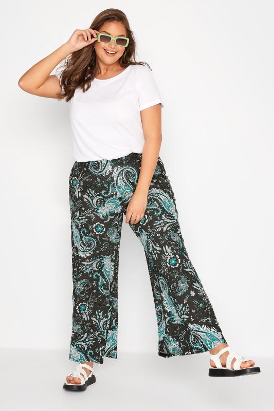 Plus Size Black & Green Paisley Print Stretch Wide Leg Trousers | Yours Clothing 2