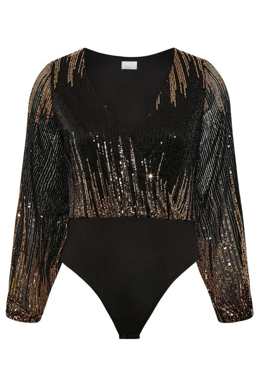 YOURS LONDON Plus Size Black & Gold Sequin Embellished Wrap Bodysuit | Yours Clothing 6