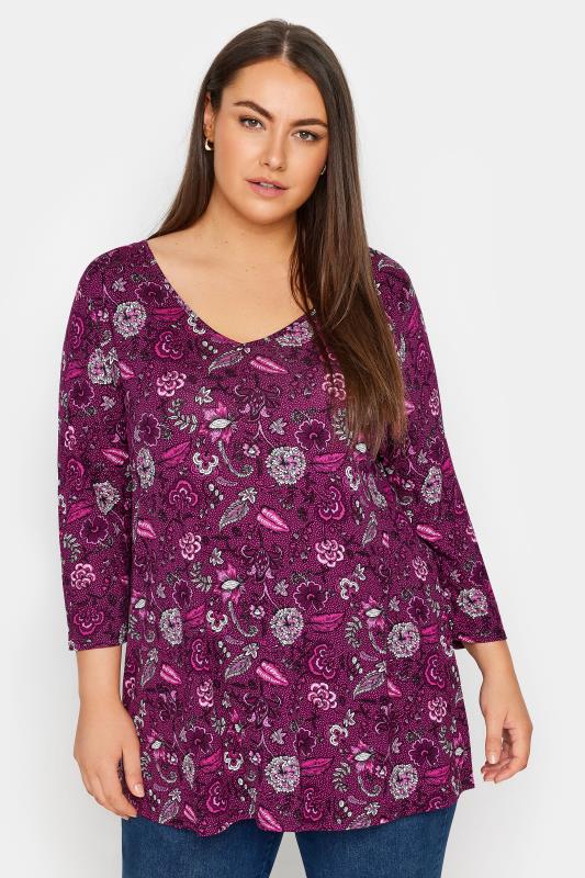 Plus Size  Evans Purple Floral & Paisley Print Long Sleeve Top