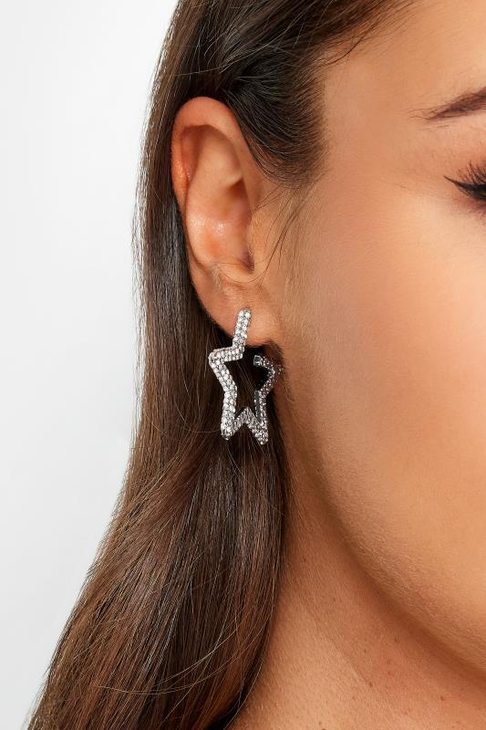  Silver Tone Diamante Star Hoop Earrings