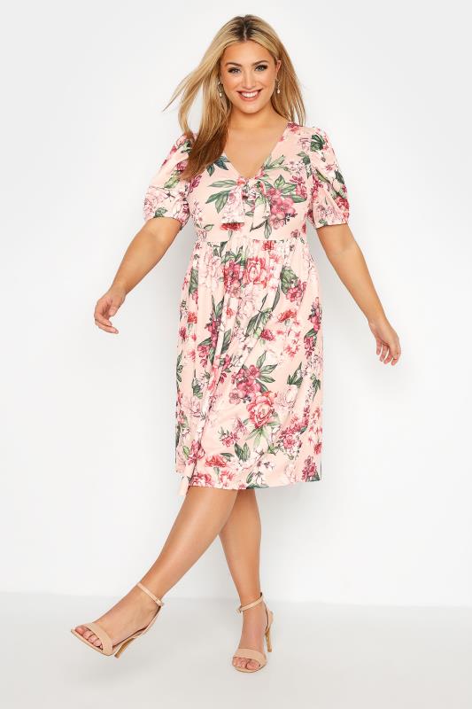 YOURS LONDON Curve Pink Floral Print Bow Front Midi Dress_A.jpg