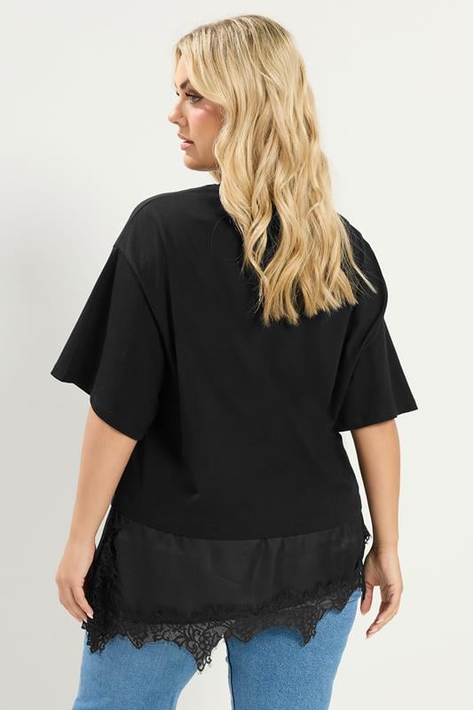 YOURS Plus Size Black Satin Lace Trim T-Shirt | Yours Clothing 2