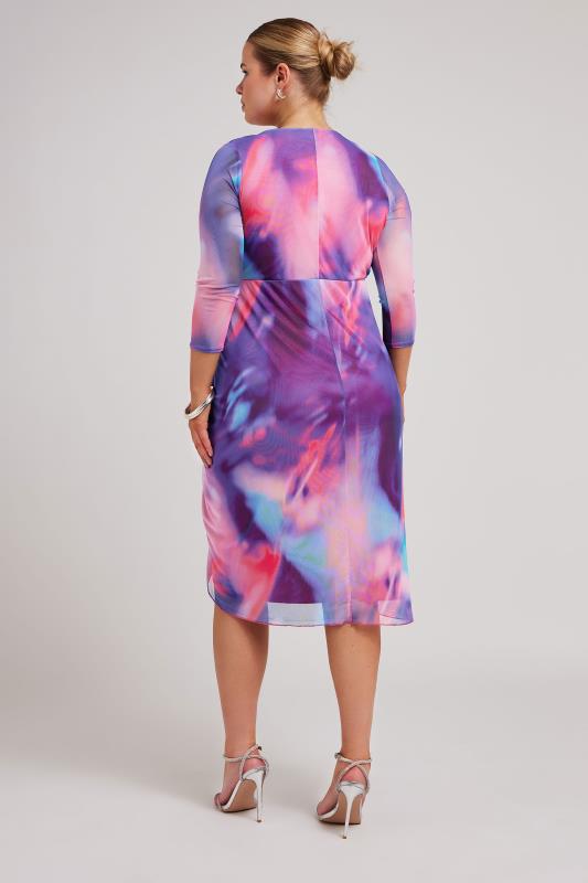 YOURS LONDON Curve Pink Abstract Print Mesh Gathered Midi Dress | Plus Size Clothing 3