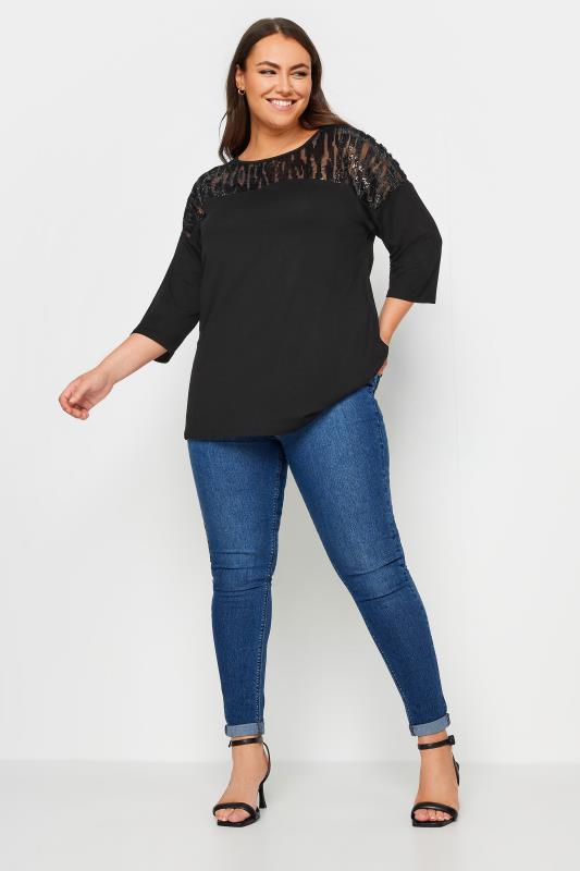 YOURS Plus Size Black Sequin Mesh Top | Yours Clothing 2