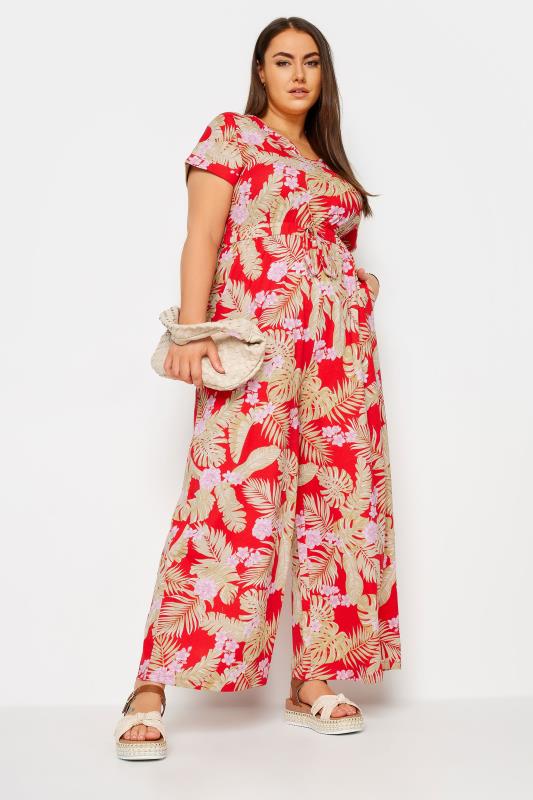 YOURS Plus Size Red Tropical Print Wide Leg Jumpsuit | Yours Clothing 2