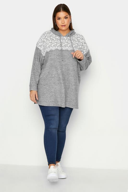 Plus Size Grey Soft Touch Lace Trim Hoodie | Yours Clothing 2