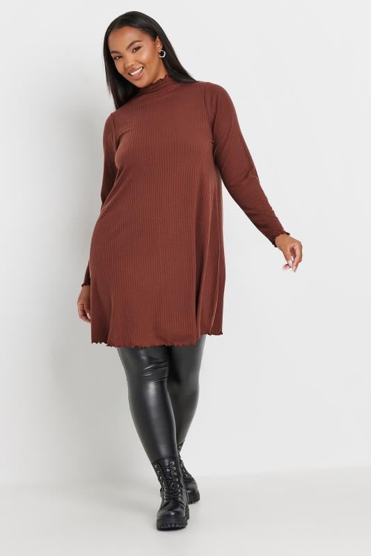 YOURS Plus Size Rust Orange Long Sleeve Lettuce Edge Tunic Dress | Yours Clothing 1