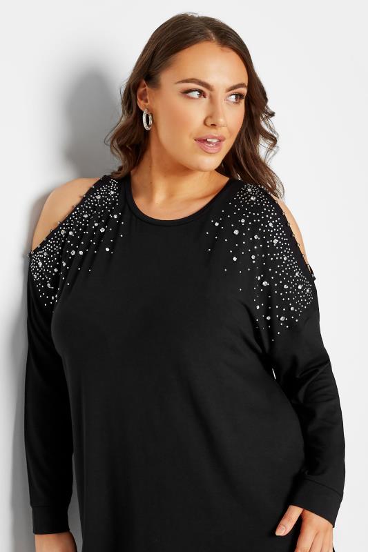 Plus Size Black Cold Shoulder Embellished Tunic Top | Yours Clothing 1