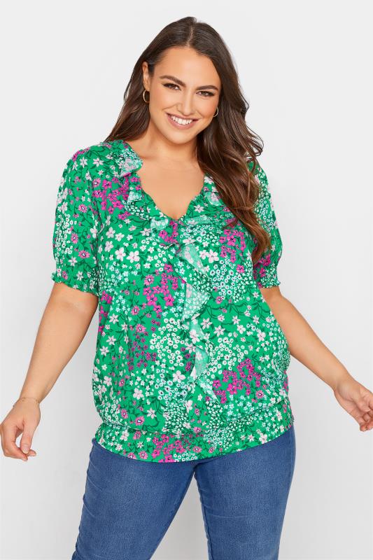 YOURS LONDON Curve Green Floral Shirred Frill Top_A.jpg