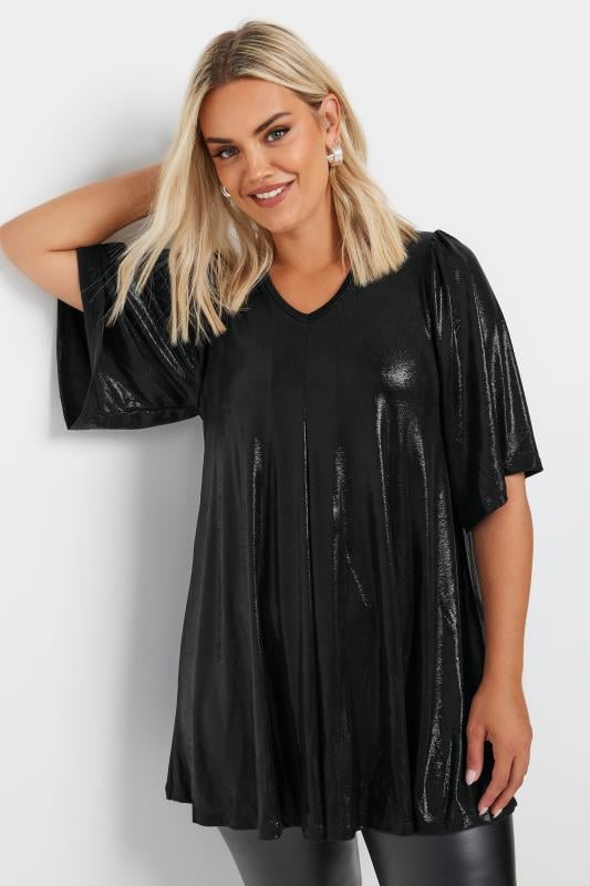 Plus Size  YOURS Curve Black Foil Pleated Swing Top