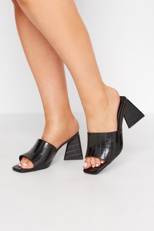 LIMITED COLLECTION Black Triangular Heeled Croc Mules In Wide E Fit & Extra Wide EEE Fit  1