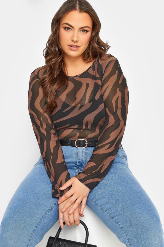 Plus Size Black & Brown Zebra Print Long Sleeve Mesh Top | Yours Clothing 4