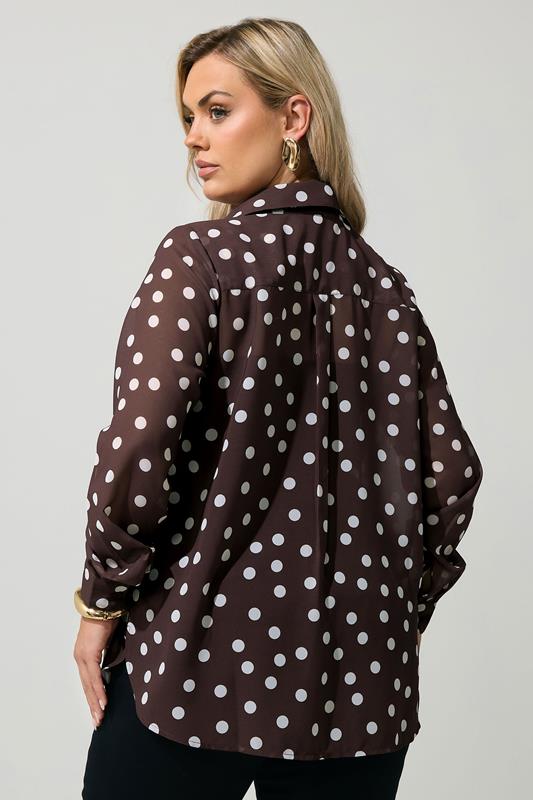 YOURS LONDON Plus Size Chocolate Brown Polka Dot Shirt | Yours Clothing 2