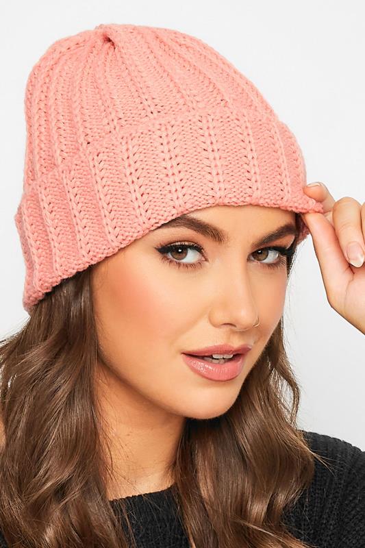 Plus Size  Pink Ribbed Knitted Beanie Hat