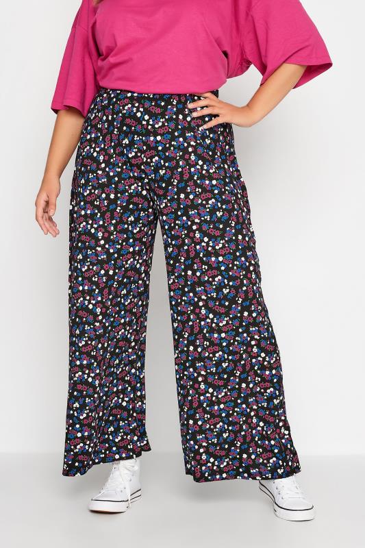 Plus Size Black Ditsy Print Wide Leg Trousers | Yours Clothing 1