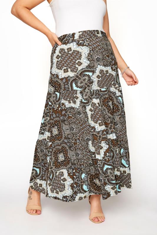YOURS LONDON Curve Brown Paisley Tiered Maxi Skirt_B.jpg