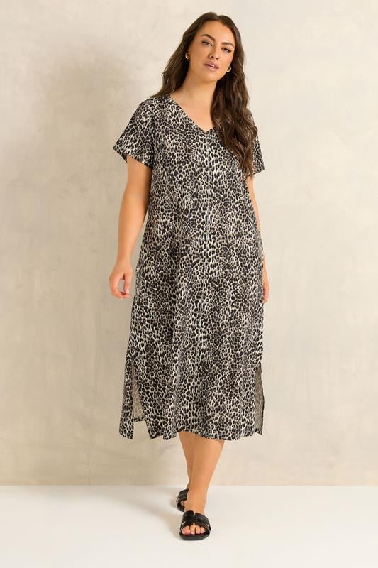 EVANS Plus Size Natural Brown Leopard Print Cotton Dress | Evans  1