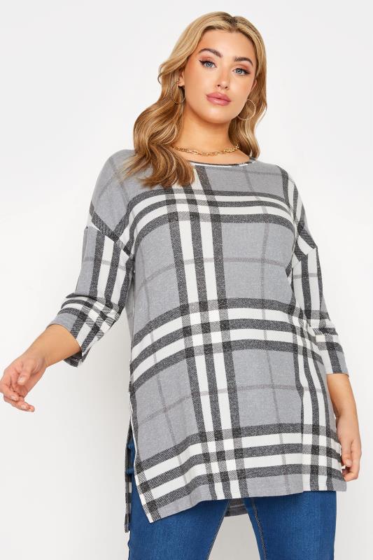 Plus Size  Curve Grey Soft Touch Check Print Tunic Top