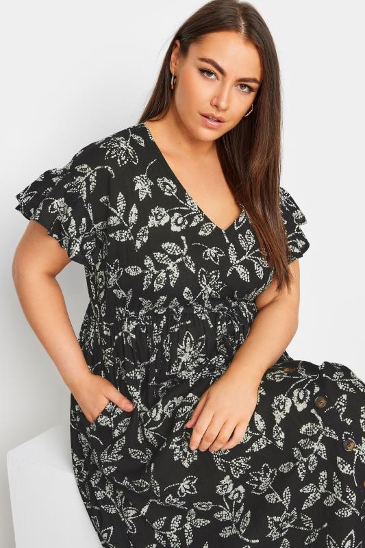 YOURS Plus Size Black Dotted Leaf Print Linen Maxi Dress | Yours Clothing 5
