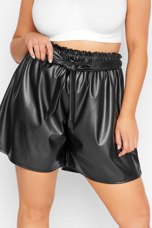 LIMITED COLLECTION Curve Black Leather Look Paperbag Shorts 1
