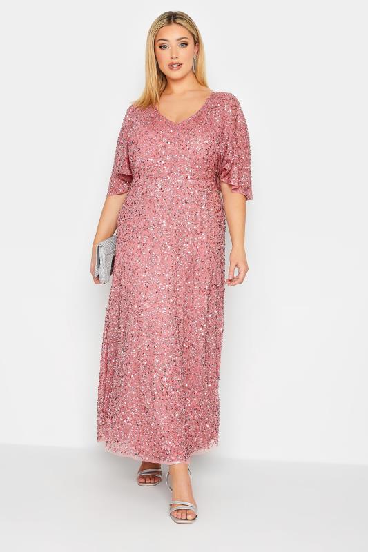  LUXE Curve Pink Hand Embellished Angel Sleeve Maxi Dress