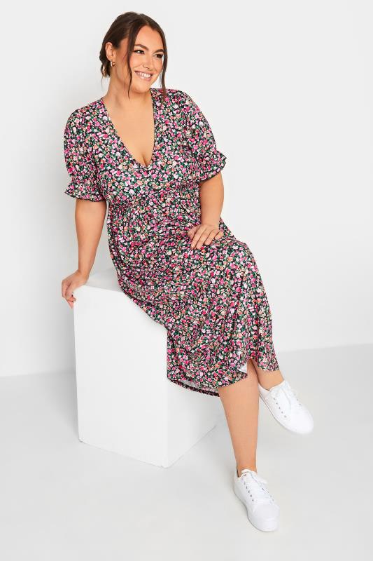YOURS Plus Size Black Floral Frill Sleeve Midaxi Dress | Yours Clothing 3