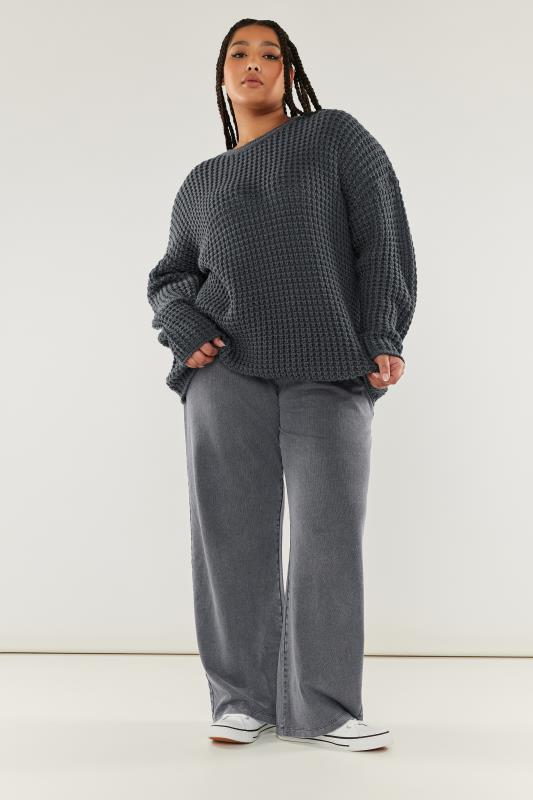 YOURS Plus Size Slate Grey Waffle Knit Jumper | Yours Clothing 2