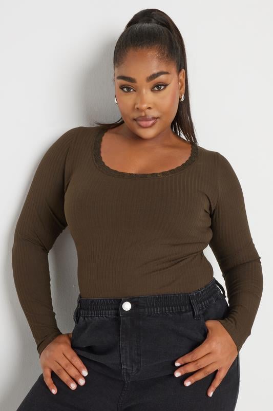  Grande Taille YOURS Curve Brown Lace Trim Bodysuit