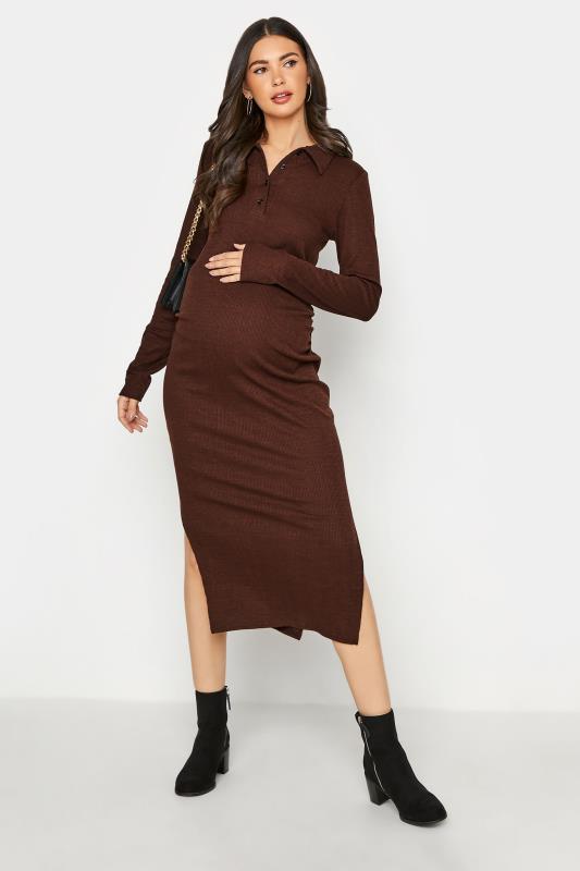 LTS Tall Maternity Brown Ribbed Polo Midi Dress 2