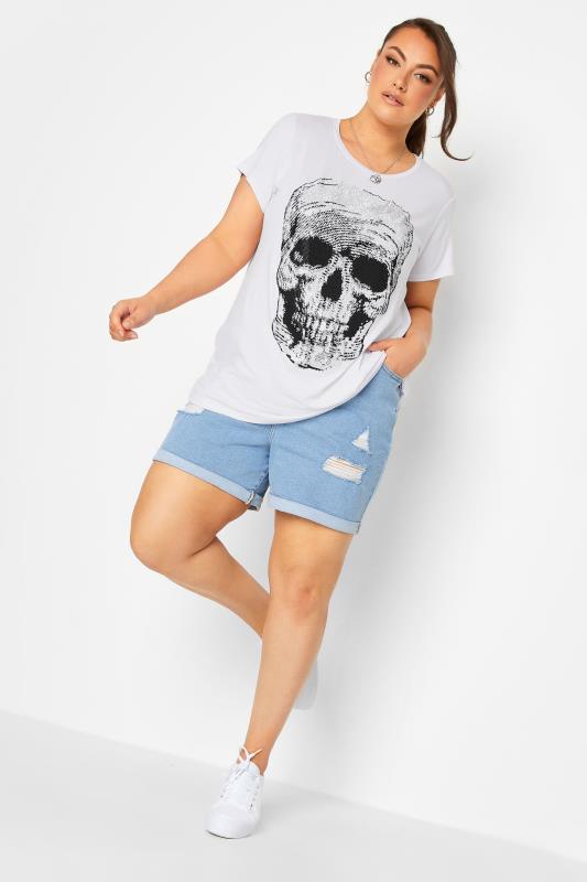 YOURS Curve Plus Size White Stud Embellished Skull Print T-Shirt | Yours Clothing  2