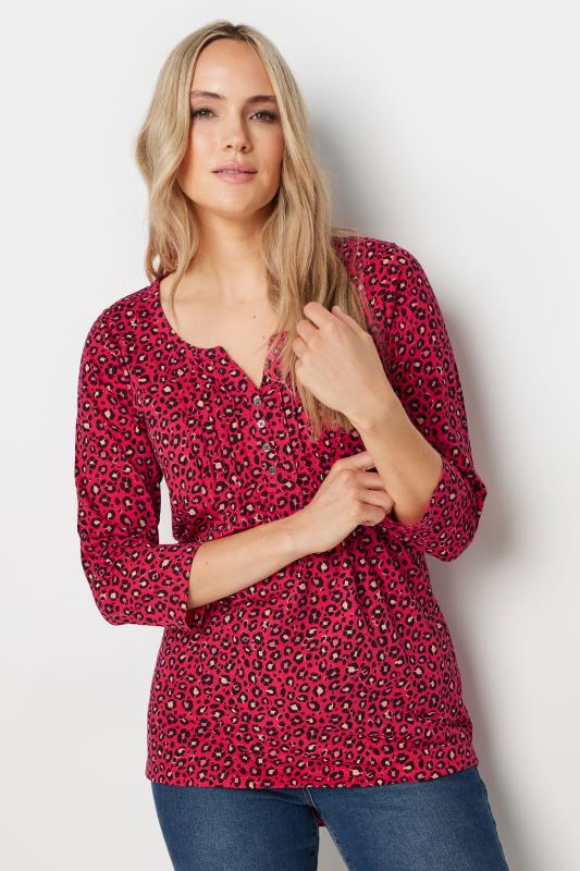  LTS Tall Red Leopard Print Pintuck Button Henley Top