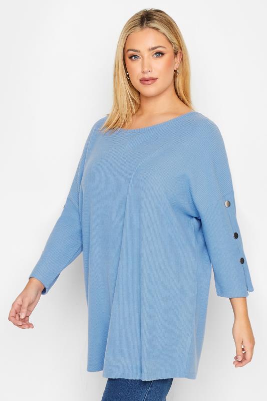 YOURS Curve Plus Size Light Blue Long Sleeve Button Soft Touch Top | Yours Clothing  1