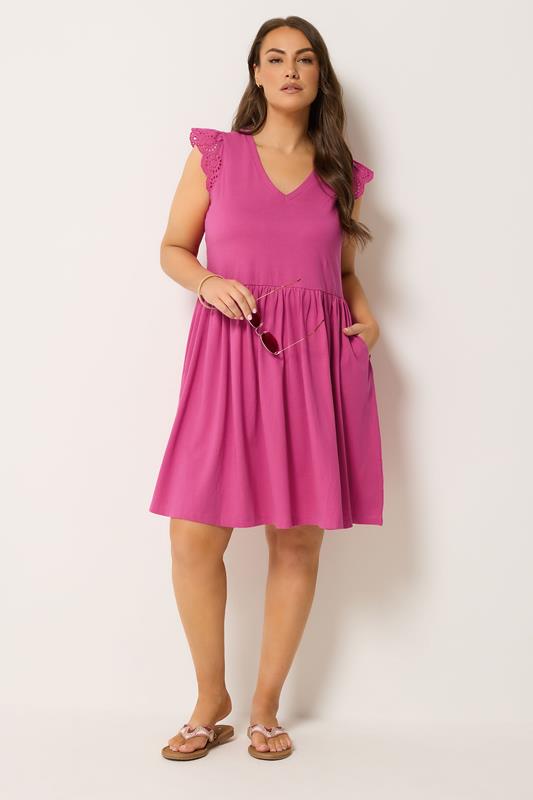 YOURS Plus Size Pink Broderie Anglaise Peplum Dress | Yours Clothing 1