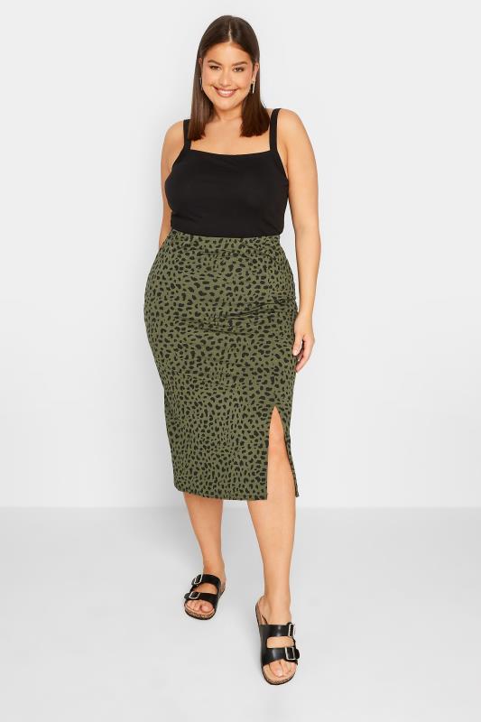 LTS Tall Women's Khaki Green Dalmatian Print Midi Skirt | Long Tall Sally 2