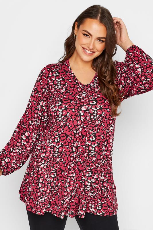 Curve Red Animal Print Long Sleeve Pleated Top | Yours Clothing 1