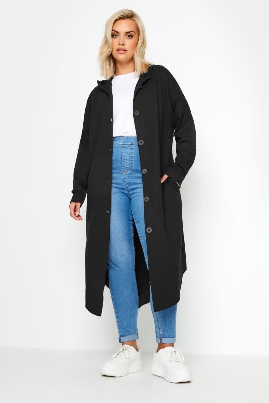 YOURS Plus Size Black Button Through Hooded Maxi Jacket | Yours Clothing 2