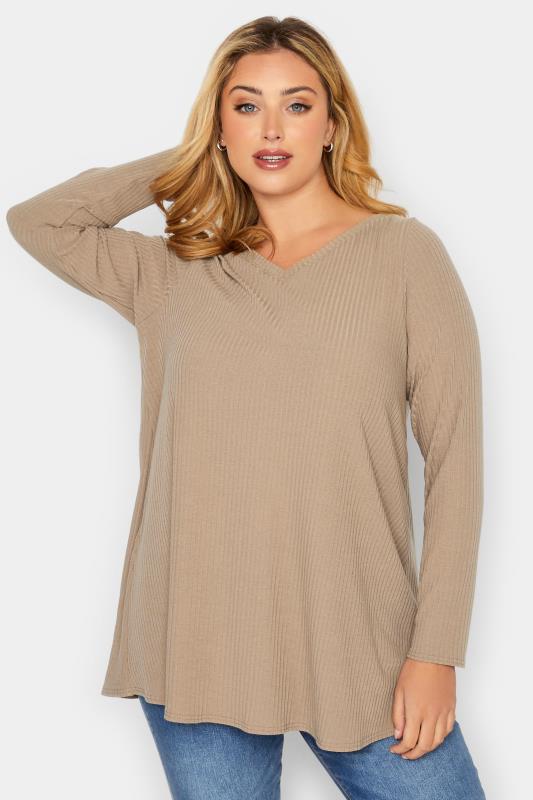 Plus Size  YOURS Curve Beige Brown Long Sleeve Ribbed Swing Top