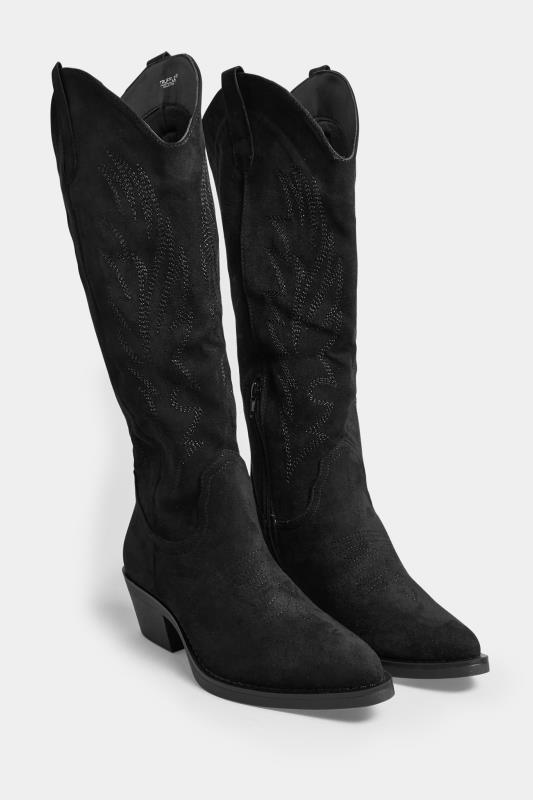 PixieGirl Black Faux Suede Knee High Cowboy Boots In Standard D Fit | PixieGirl 2