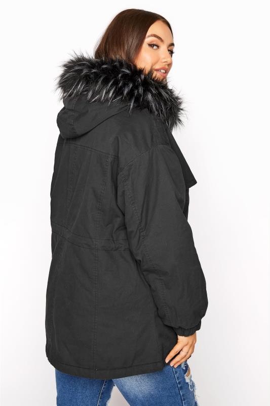 Curve Black Balloon Sleeve Faux Fur Lined Hooded Parka 3