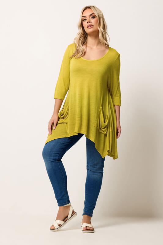 YOURS Plus Size Yellow Hanky Hem Pocket Front Top | Yours Clothing 1
