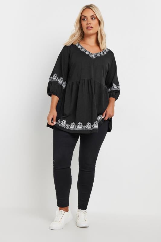 YOURS Plus Size Black Embroidered Floral Smock Top | Yours Clothing  2