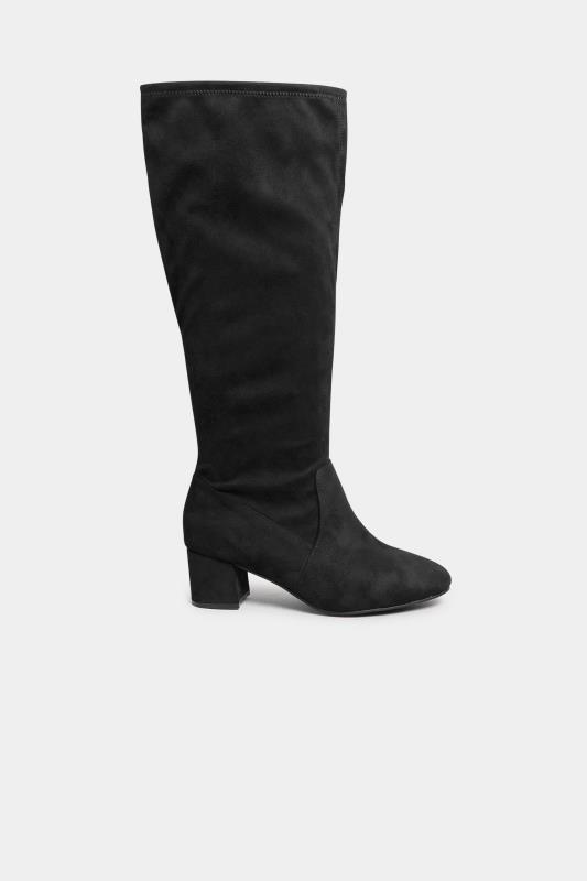 Black Faux Suede Stretch Heeled Knee High Boots In Wide E Fit & Extra Wide EEE Fit 3