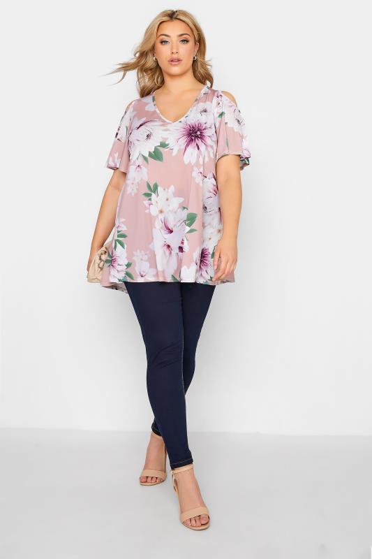 YOURS LONDON Plus Size Blue Floral Print Cold Shoulder Swing Top | Yours Clothing 2
