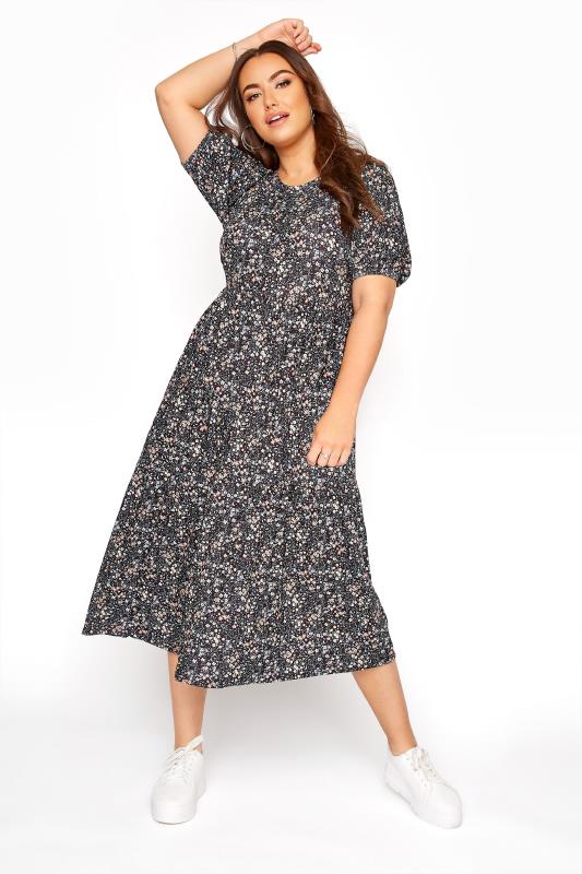 Black Puff Sleeve Ditsy Floral Midaxi Dress | Yours Clothing