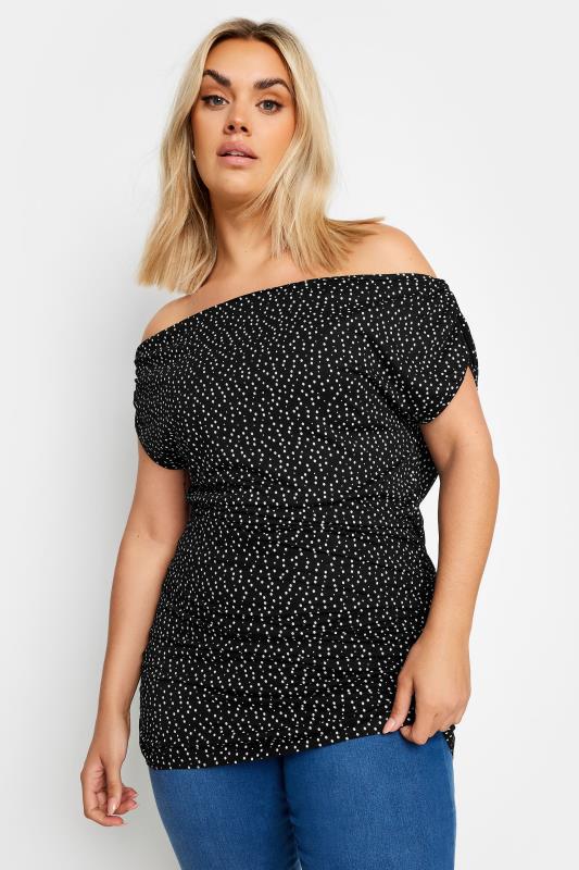 YOURS Plus Size Black Polka Dot Bardot Top | Yours Clothing 1
