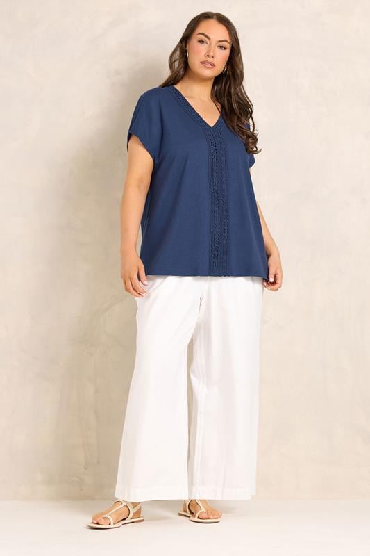 EVANS Plus Size Navy Blue Cotton Crochet Trim Tee | Evans 1