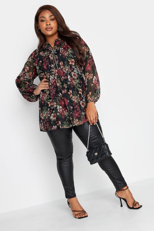 YOURS LONDON Plus Size Black Floral Print Zip Front Top | Yours Clothing 2