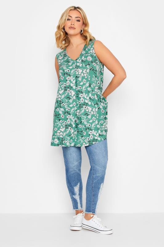 YOURS Plus Size Green Floral Pleat Front Vest Top | Yours Clothing  2