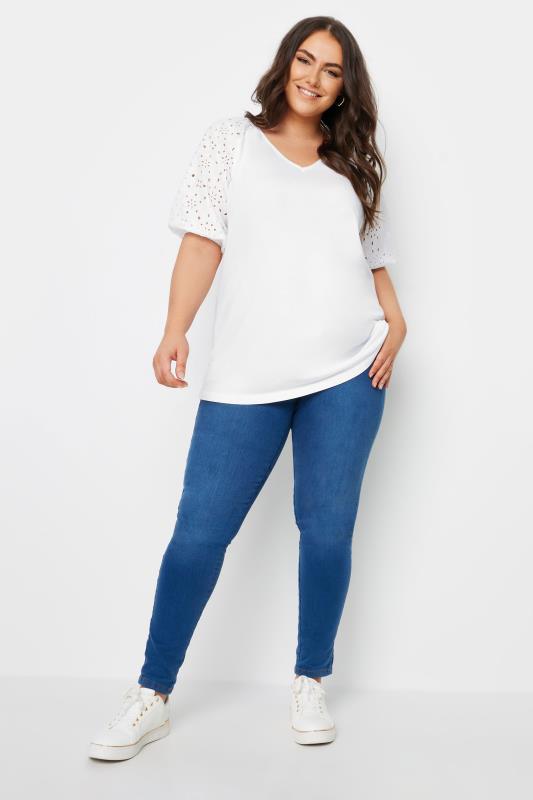 YOURS Plus Size White Broderie Anglaise Sleeve T-Shirt | Yours Clothing 2