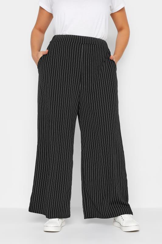 YOURS PETITE Plus Size Black Pinstripe Wide Leg Trousers | Yours Clothing 1